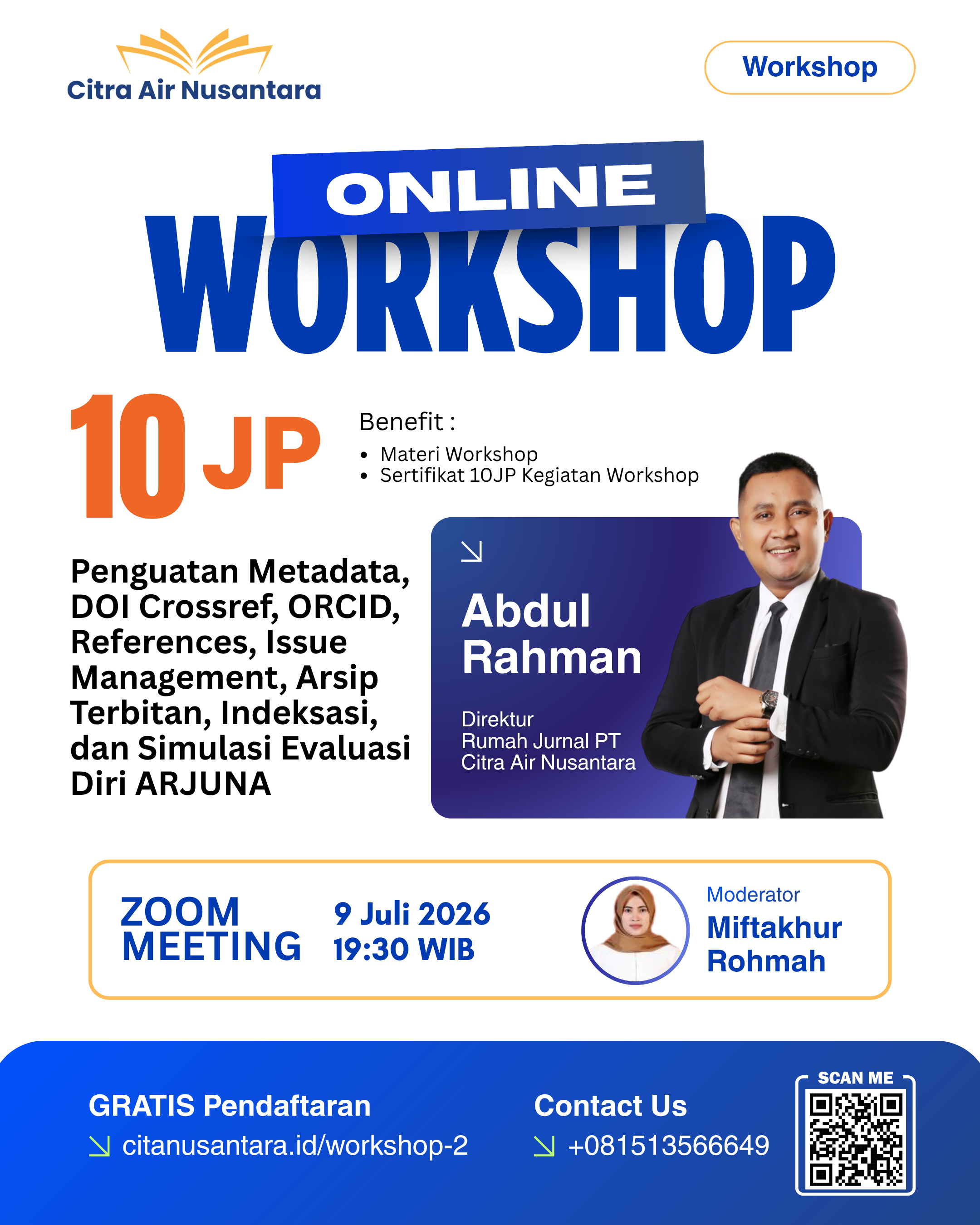 Online Workshop 10JP :Penguatan Metadata, DOI Crossref, ORCID, References, Issue Management, Arsip Terbitan, Indeksasi, dan Simulasi Evaluasi Diri ARJUNA